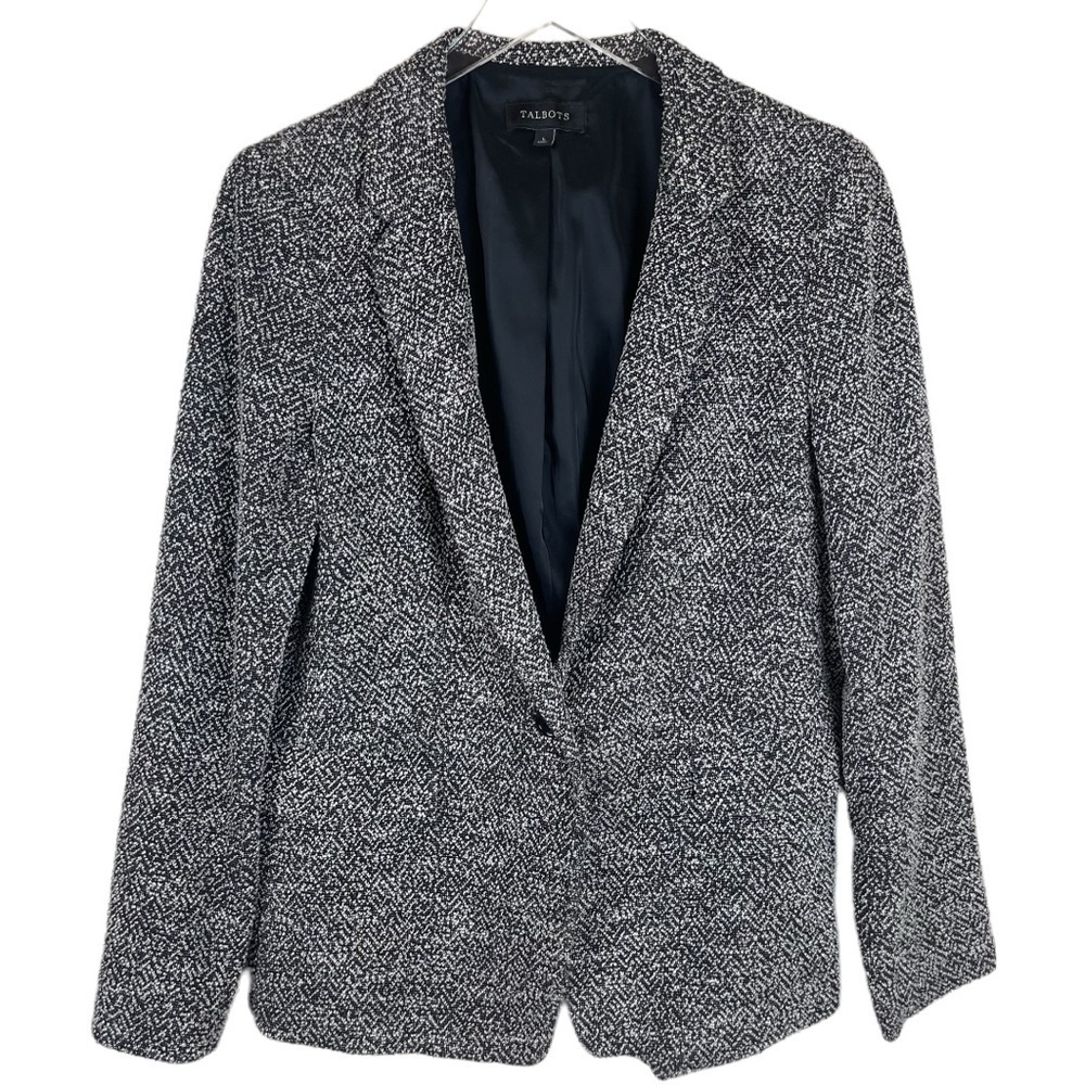 TALBOTS BLACK AND WHITE BARLEYCORN TEXTURED SINGLE BUTTON BLAZER